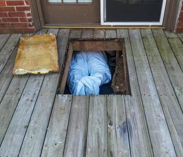 Workman with protective suit crawing under house from crawlspace underneath a wooden deck - only his legs and feet showing