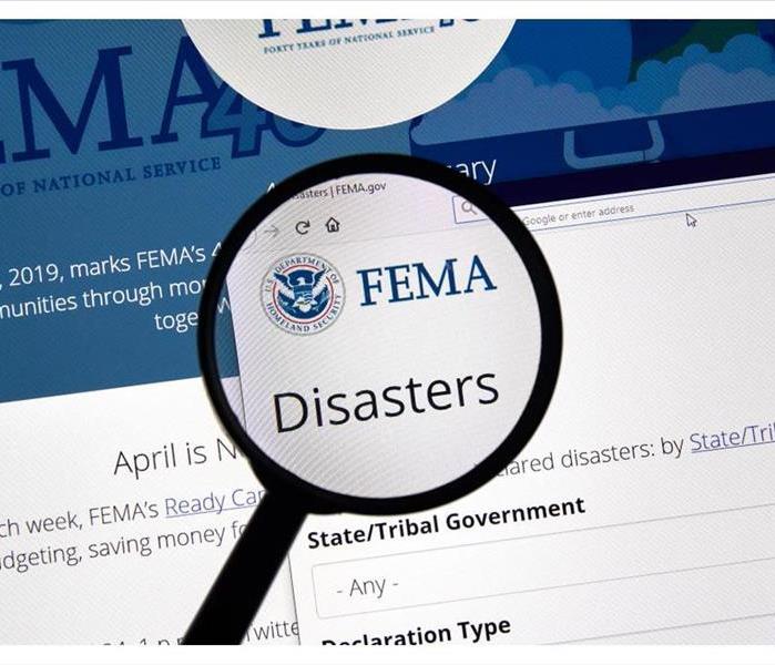 Fema.gov Disasters USA Government home page under magnifying glass. FEMA is The Federal Emergency Management Agency