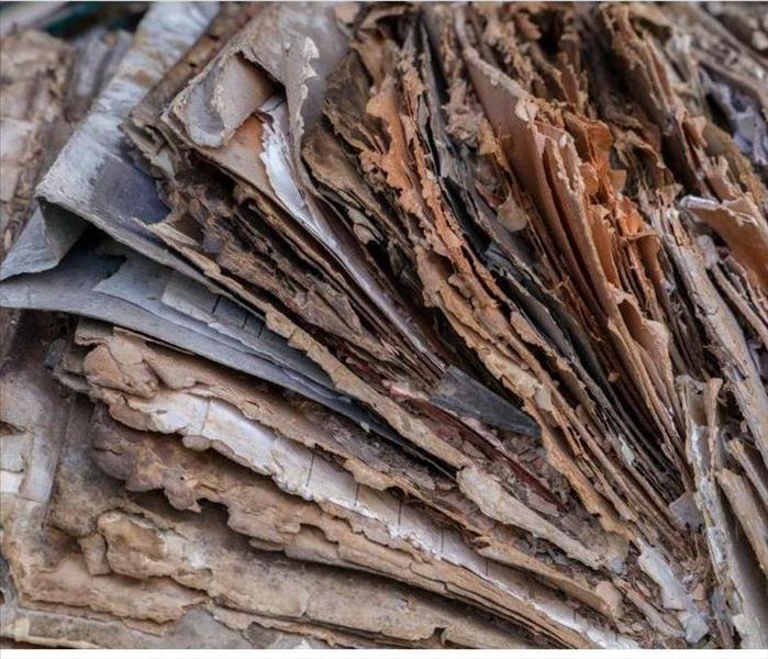 Close-up image of weathered documents - aged file folders and sheets of paper inside them